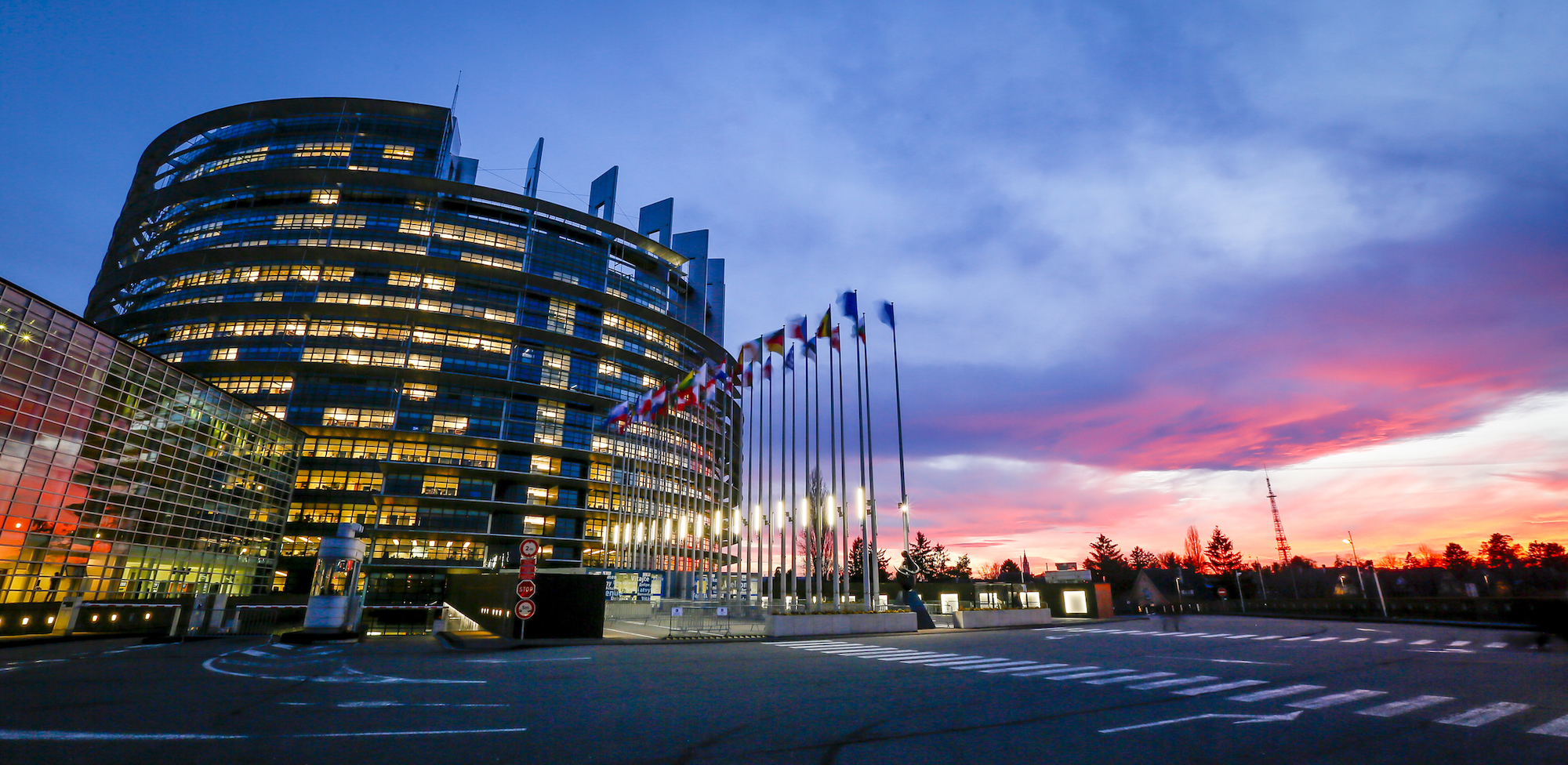 The LOW building of the European Parliament in Strasbourg at sunset