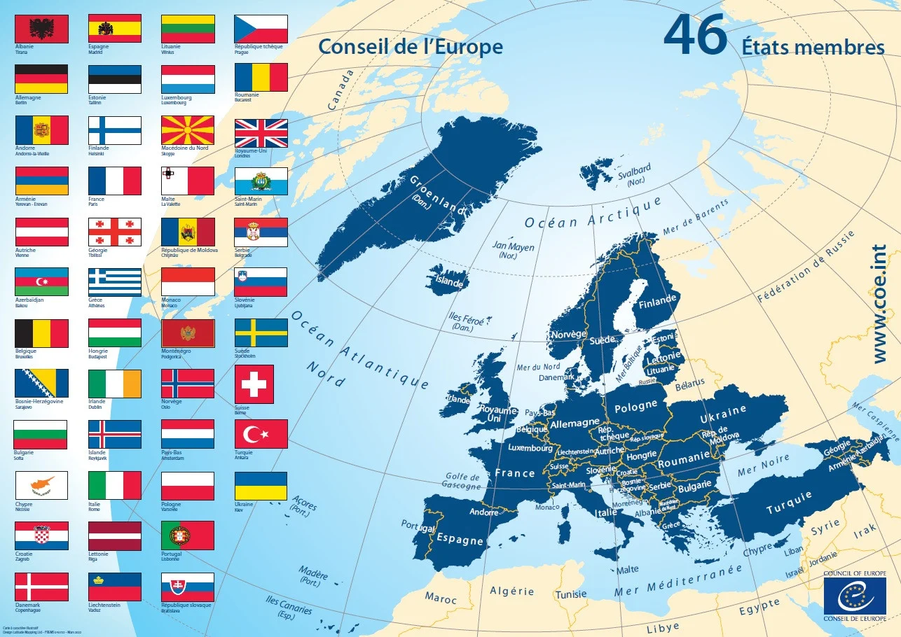 Cartes et drapeaux : Les 46 Etats membres du Conseil de l'Europe