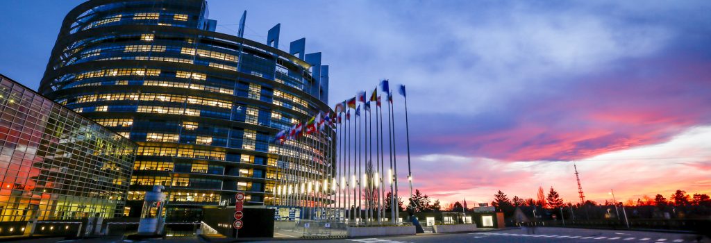 The LOW building of the European Parliament in Strasbourg at sunset