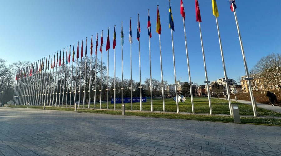 Drapeaux tendus sur des mats, visibles à l'entrée du Conseil de l’Europe.